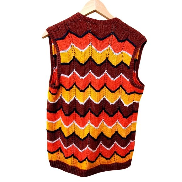 Vintage 70s Hand Knit Vest Retro Orange Chevron Sleeveless Sweater Hippie Boho M - Picture 5 of 11
